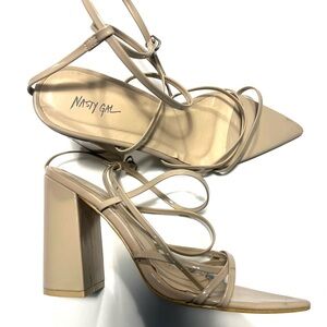 Nasty Gal Beige Strappy Patent Leather Block Heels